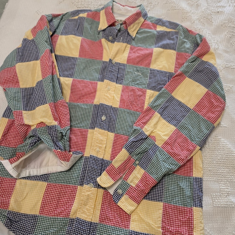 Cold Storage Men's Large Patchwork‎ Gingham Button Front Shirt L Colorblock 90s